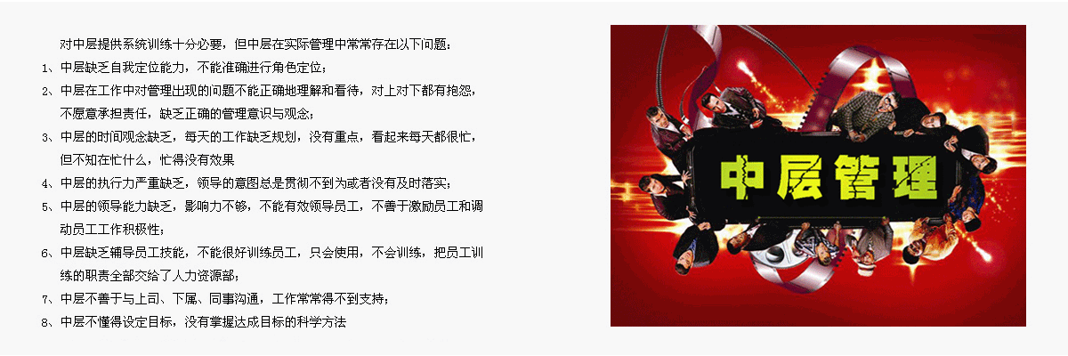     對中層提供系統(tǒng)訓(xùn)練十分必要，但中層在實際管理中常常存在以下問題：
1、	中層缺乏自我定位能力，不能準(zhǔn)確進行角色定位；
2、	中層在工作中對管理出現(xiàn)的問題不能正確地理解和看待，對上對下都有抱怨，不愿意承擔(dān)責(zé)任，缺乏正確的管理意識與觀念；
3、	中層的時間觀念缺乏，每天的工作缺乏規(guī)劃，沒有重點，看起來每天都很忙，但不知在忙什么，忙得沒有效果
4、	中層的執(zhí)行力嚴(yán)重缺乏，領(lǐng)導(dǎo)的意圖總是貫徹不到為或者沒有及時落實；
5、	中層的領(lǐng)導(dǎo)能力缺乏，影響力不夠，不能有效領(lǐng)導(dǎo)員工，不善于激勵員工和調(diào)動員工工作積極性；
6、	中層缺乏輔導(dǎo)員工技能，不能很好訓(xùn)練員工，只會使用，不會訓(xùn)練，把員工訓(xùn)練的職責(zé)全部交給了人力資源部；
7、	中層不善于與上司、下屬、同事溝通，工作常常得不到支持；
8、	中層不懂得設(shè)定目標(biāo)，沒有掌握達成目標(biāo)的科學(xué)方法。